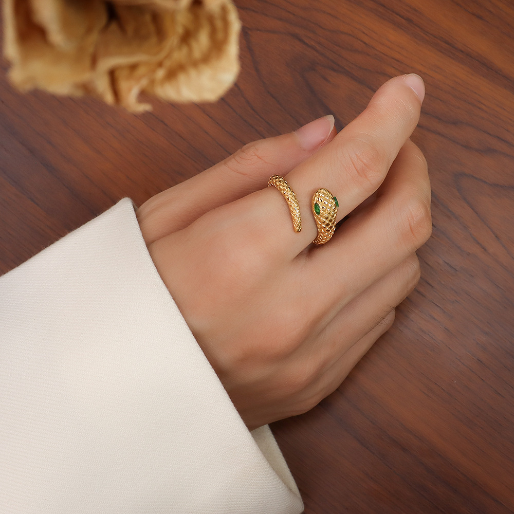 European Small Designer Luxury Jewelry Titanium Steel 18K PVD Gold Plated Geometric Snake Shape Open Ring - Image 4