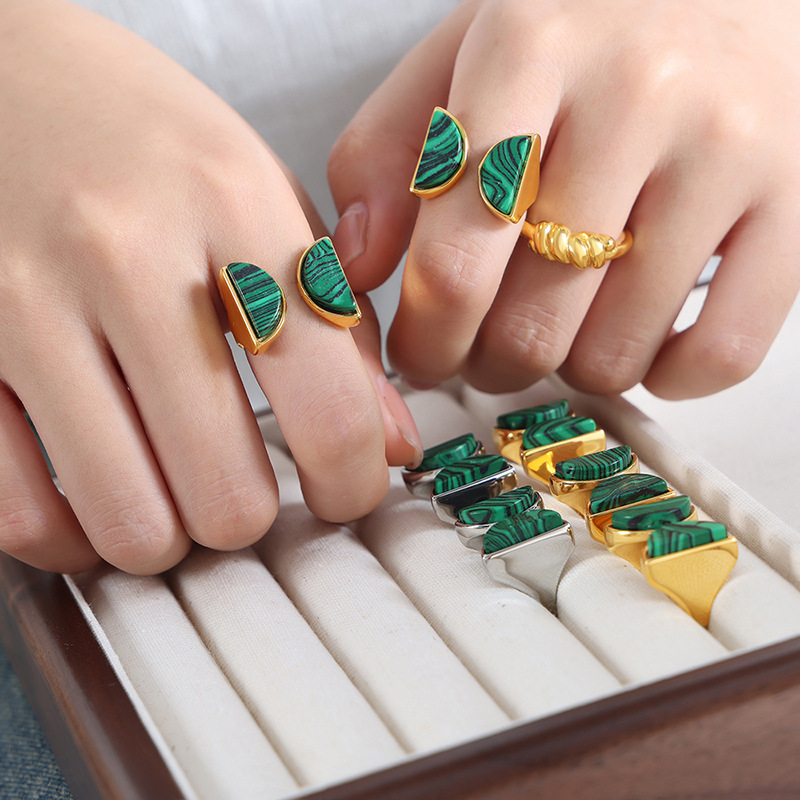 Retro Luxury Double Semi-Circle Open Ring Natural Peacock Green Turquoise Titanium Steel 18K PVD Gold Plated Jewelry for Women - Image 4