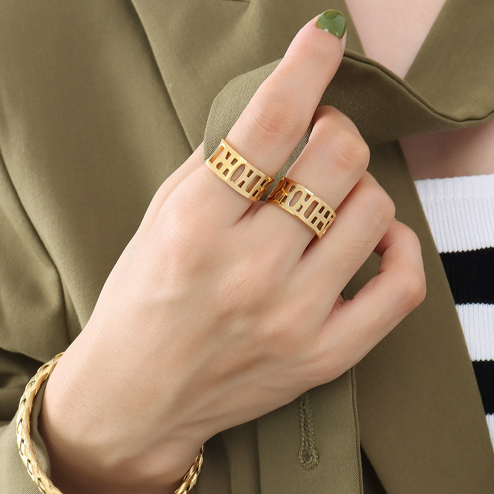 Open Adjustable Letter Hollow Ring Unisex Titanium Steel 18K PVD Gold Plated Tail Ring Jewelry - Image 4