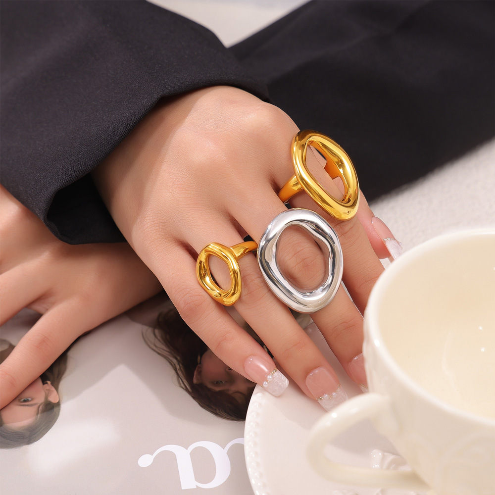 Ins Style Korean Casual Minimalist Geometric Hollow Irregular Circle Titanium Steel Gold Plated Ring Jewelry - Image 5