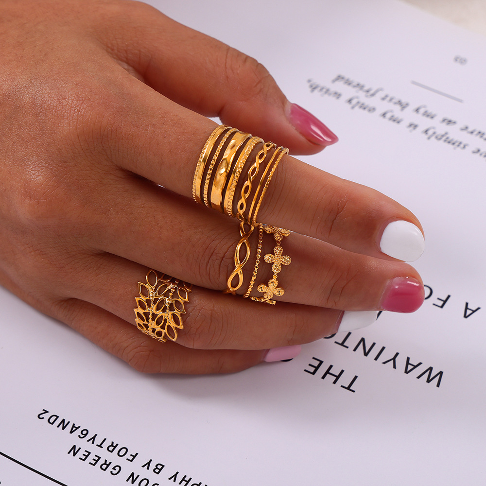 Fashionable Commuter Simple Geometric Hollow Multi-Layer Texture Spliced Design Titanium Steel Open Ring - Image 5