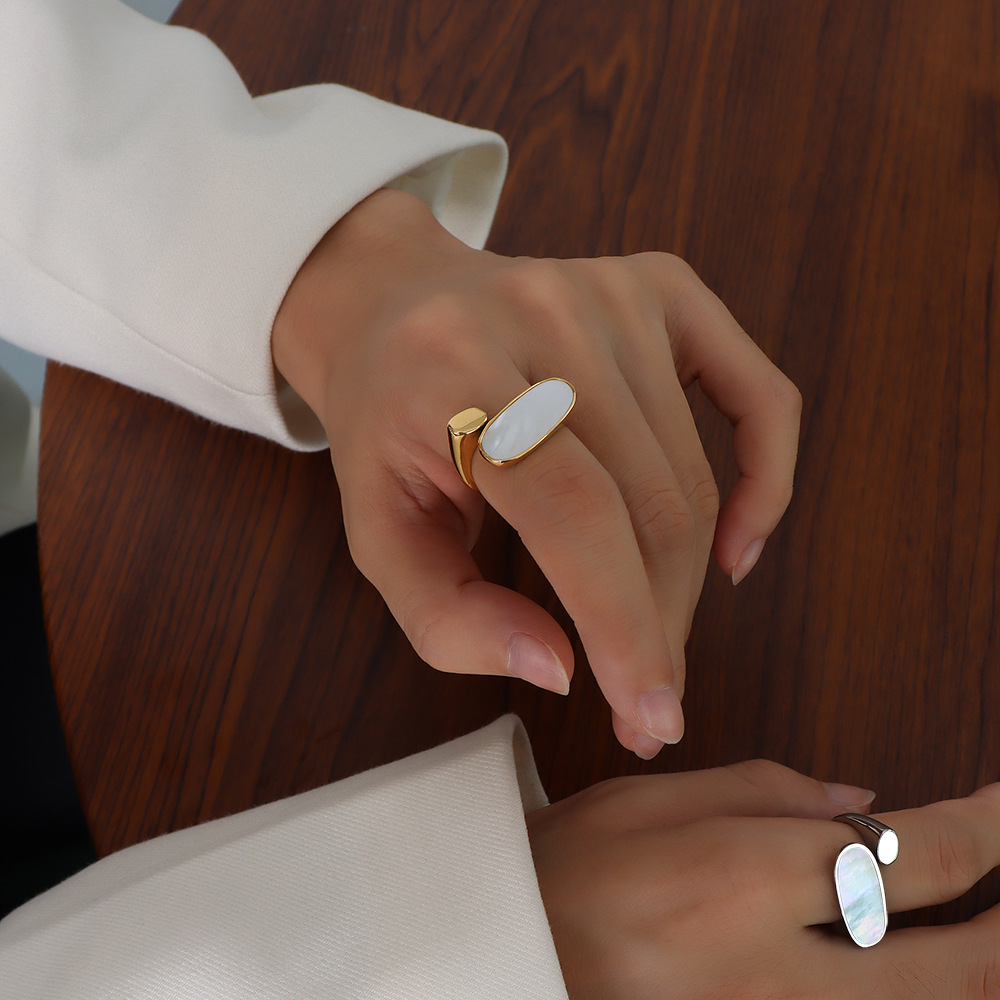 Ins Cold Style European Small Design Titanium Steel 18K PVD Gold Plated Oval Open Ring with White Mother of Pearl - Image 6