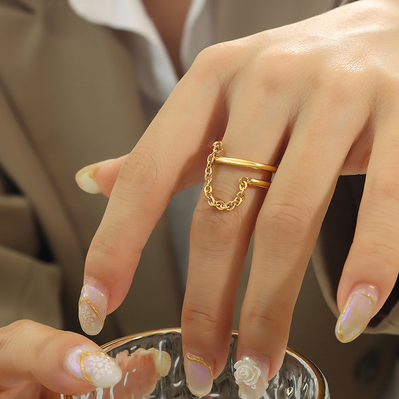 European Vintage Minimalist Double Layer Finger Ring with Small Chain for Women Titanium Steel 18K PVD Gold Plated - Image 5