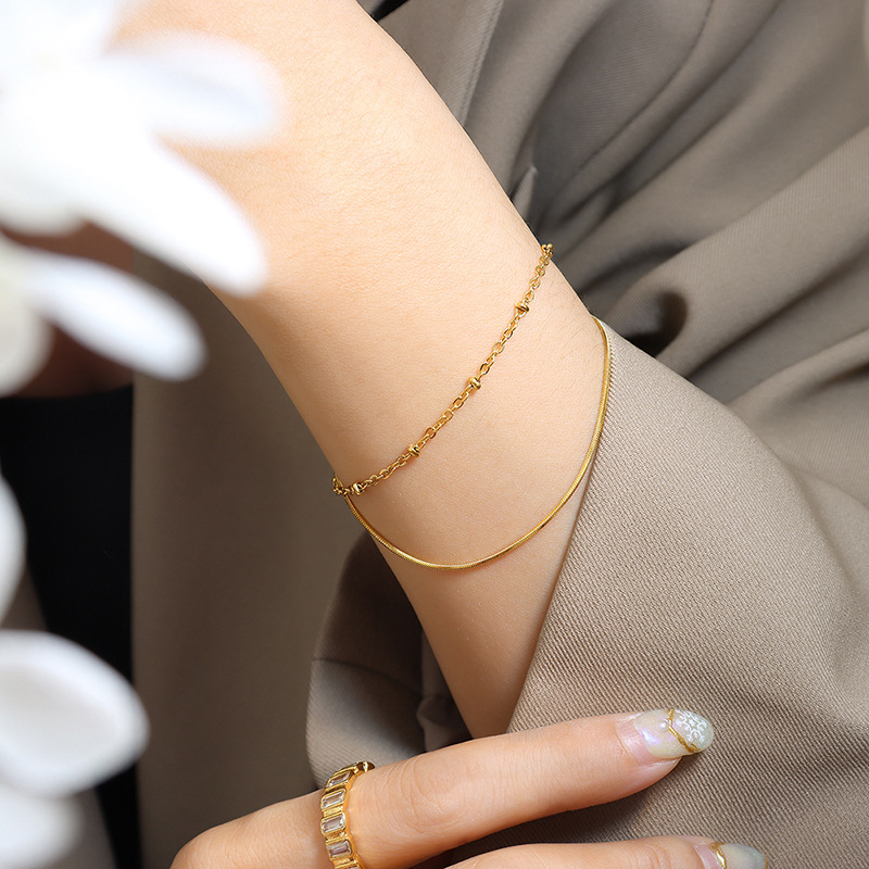Delicate Double-Layer Snake Bone Chain Bracelet 18K PVD Gold Plated Titanium Steel Bead Chain Jewelry - Image 4