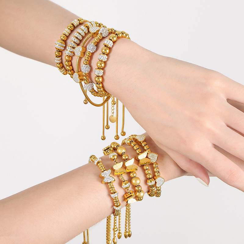 Trendy Zircon Inlaid Beaded Bracelet 18K PVD Gold Plated Titanium Steel Luxe Fashion Jewelry - Image 5