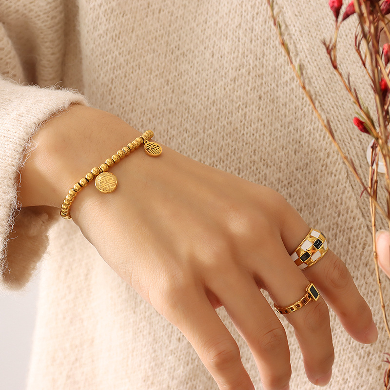 Chinese-Inspired Fook Lucky Bead Bracelet for Women 18K PVD Gold Plated Titanium Steel - Image 4
