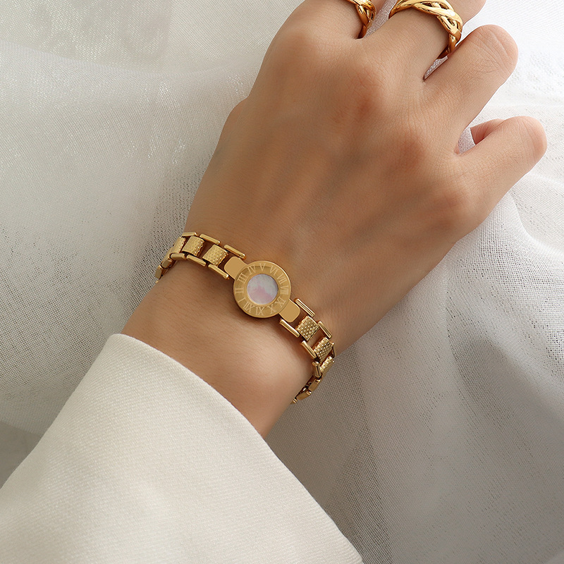 Luxe Roman Numeral Watch Plate Shell Bracelet 18K PVD Gold Plated Titanium Steel Jewelry - Image 2