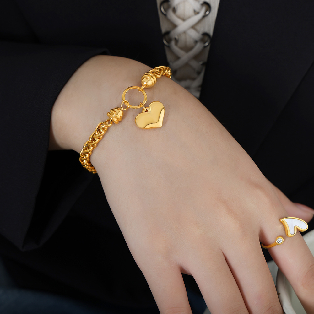 Geometric Chain Bracelet with Heart Pendant 18K PVD Gold Plated Titanium Steel Elegant Design Jewelry - Image 4