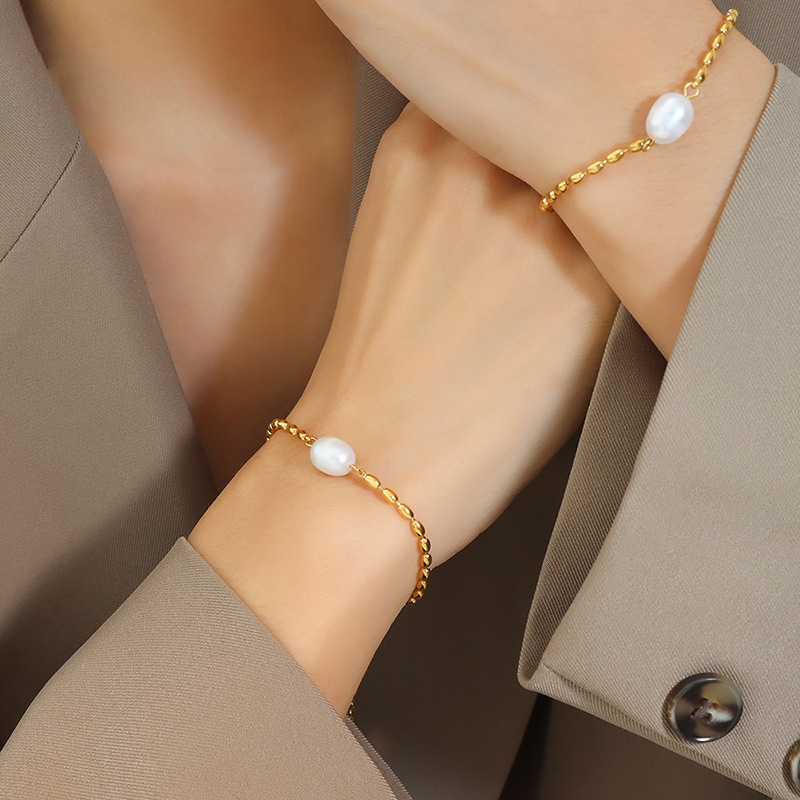 Freshwater Pearl Bead Chain Bracelet Unisex Trendy 18K PVD Gold Plated Titanium Steel for Friends - Image 2
