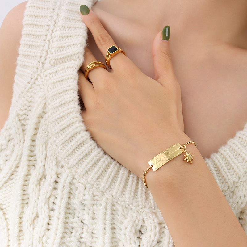 Luxe Retro 8-Point Star Square Plate Bracelet 18K PVD Gold Plated Titanium Steel Jewelry - Image 5