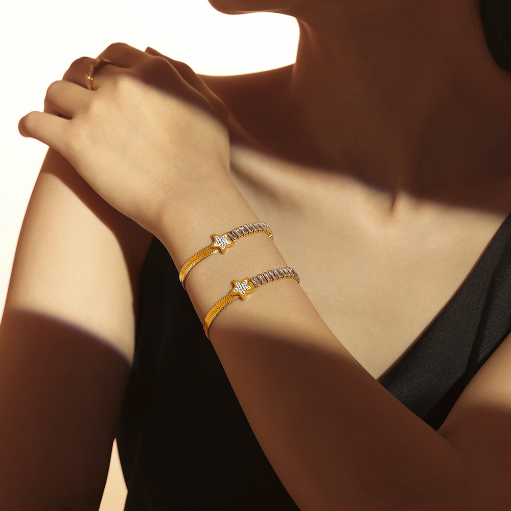 French INS Blade Chain Pentagram Rectangle Zircon Bracelet Luxe 18K PVD Gold Plated Titanium Steel Jewelry - Image 4