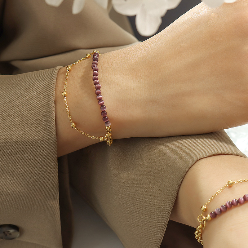 Trendy Casual Cat Eye Stone Double-Layer Chain Bracelet 18K PVD Gold Plated Titanium Steel Jewelry - Image 4