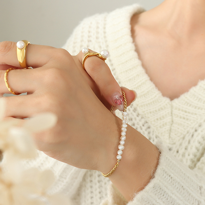 Simple Friendship Bracelet for Women Titanium Steel Gold Plated Freshwater Pearl Bead Vintage Non-Fading Jewelry - Image 3