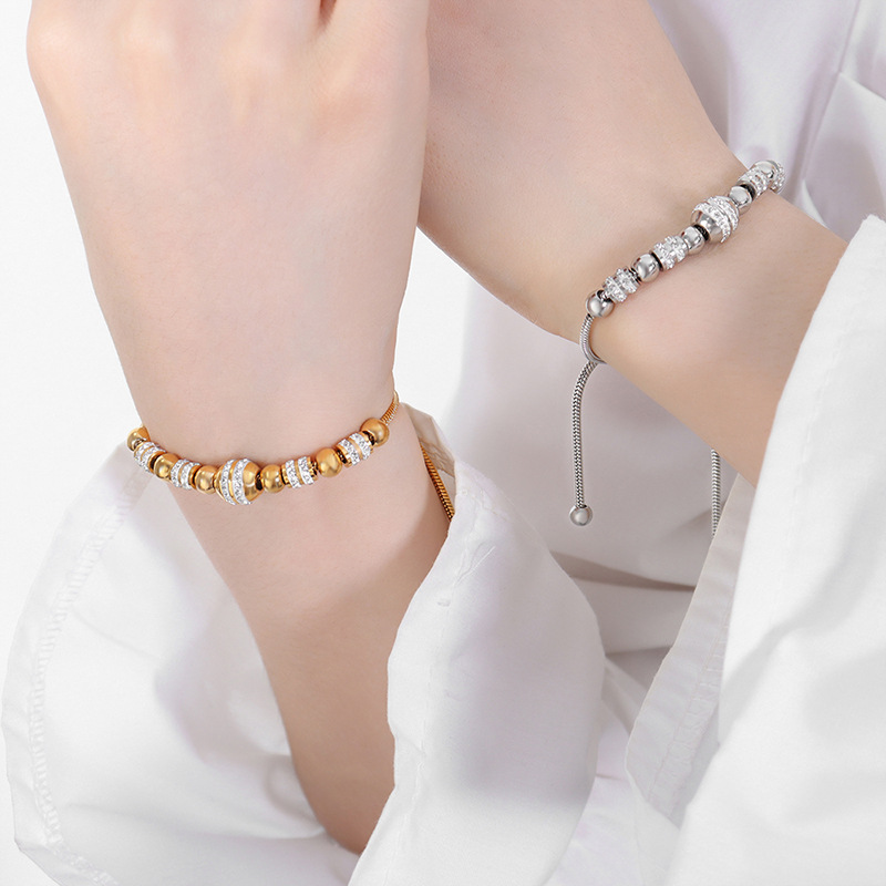 Luxe Non-Fading European Bracelet Blogger Style Titanium Steel Gold Plated Zircon Bead Bracelet - Image 4