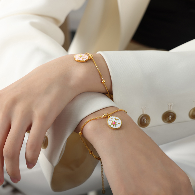 European Retro Fashion Sun Moon Myth Enamel Color Glaze Titanium Steel Gold Plated Pendant Bracelet - Image 4
