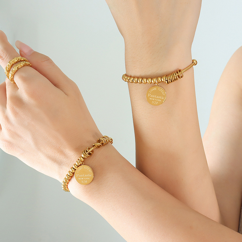 European INS Style Bracelet Couple Round Plate Bead Elastic Bracelet 18K Gold Plated Titanium Steel Jewelry - Image 3