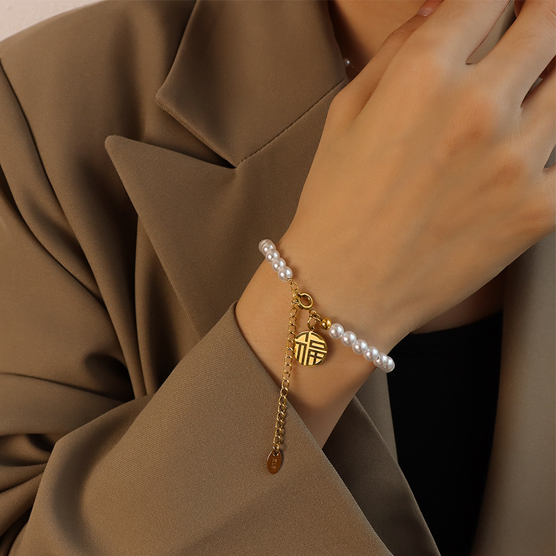 Chinese Style Fortune Character Imitation Pearl Bracelet Friendship Titanium Steel 18K PVD Gold Plated - Image 2