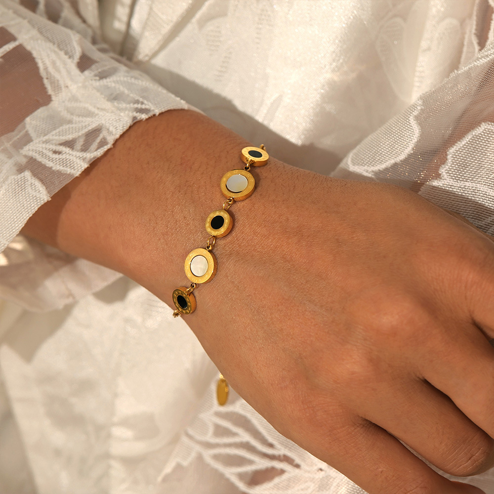 Luxury Black and White Roman Numeral Titanium Steel 18K PVD Gold Plated Couple Bracelet - Image 4