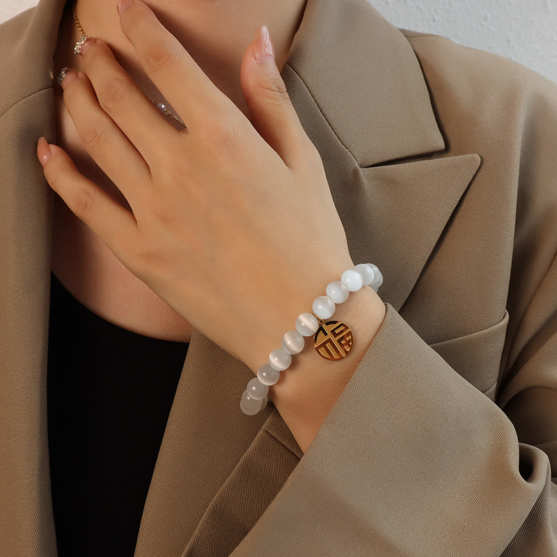 New Chinese Ins Geometric Fortune Character Cat Eye Titanium Steel 18K PVD Gold Plated Bracelet - Image 3