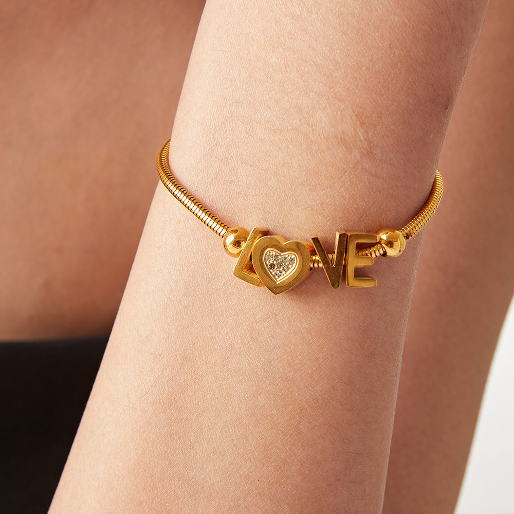 Golden Letter LOVE Zircon Titanium Steel 18K PVD Gold Plated Elegant Bracelet for Girlfriend - Image 4