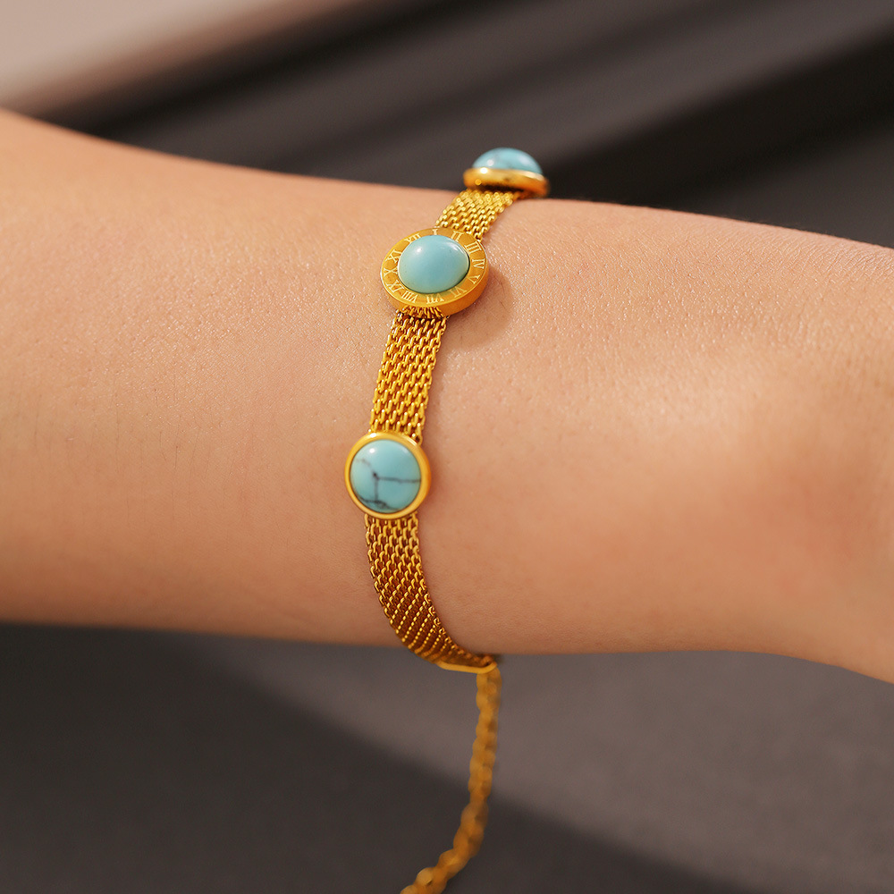 European Style Wide Mesh Round Turquoise Bracelet Vintage Design Titanium Steel 18K PVD Gold Plated Jewelry - Image 4