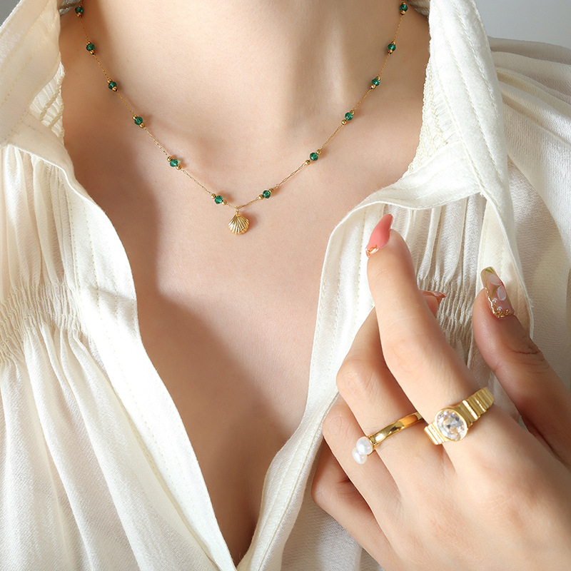Korean Trendy Crystal Bead Seashell Pendant Necklace Ins Style 18K PVD Gold Plated Stainless Steel - Image 4