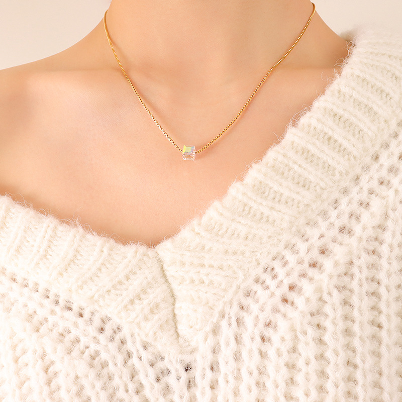 European Ins Glass Crystal Pendant Necklace Trendy Stylish 18K PVD Gold Plated Stainless Steel Box Chain - Image 3