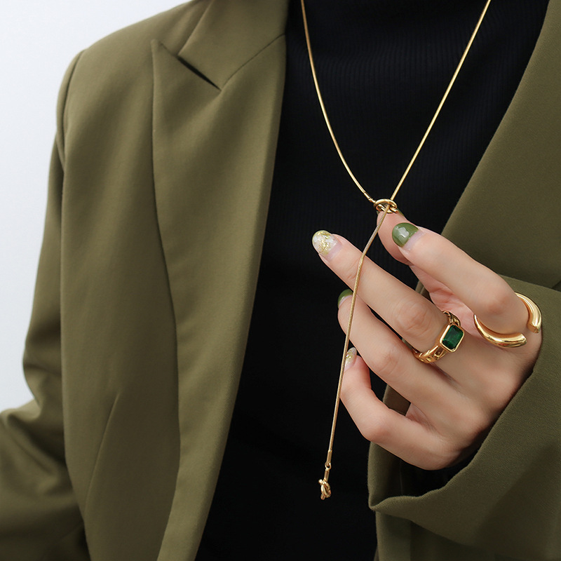 Korean Ins Fashion Fall Winter Long Heart Knot Sweater Chain Adjustable Length 18K PVD Gold Plated Necklace for Women - Image 5