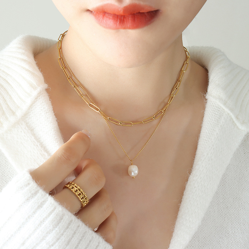 European Ins Trendy Minimalist Freshwater Pearl Pendant Multi-Layered Necklace 18K PVD Gold Plated Choker Necklace for Women - Image 4