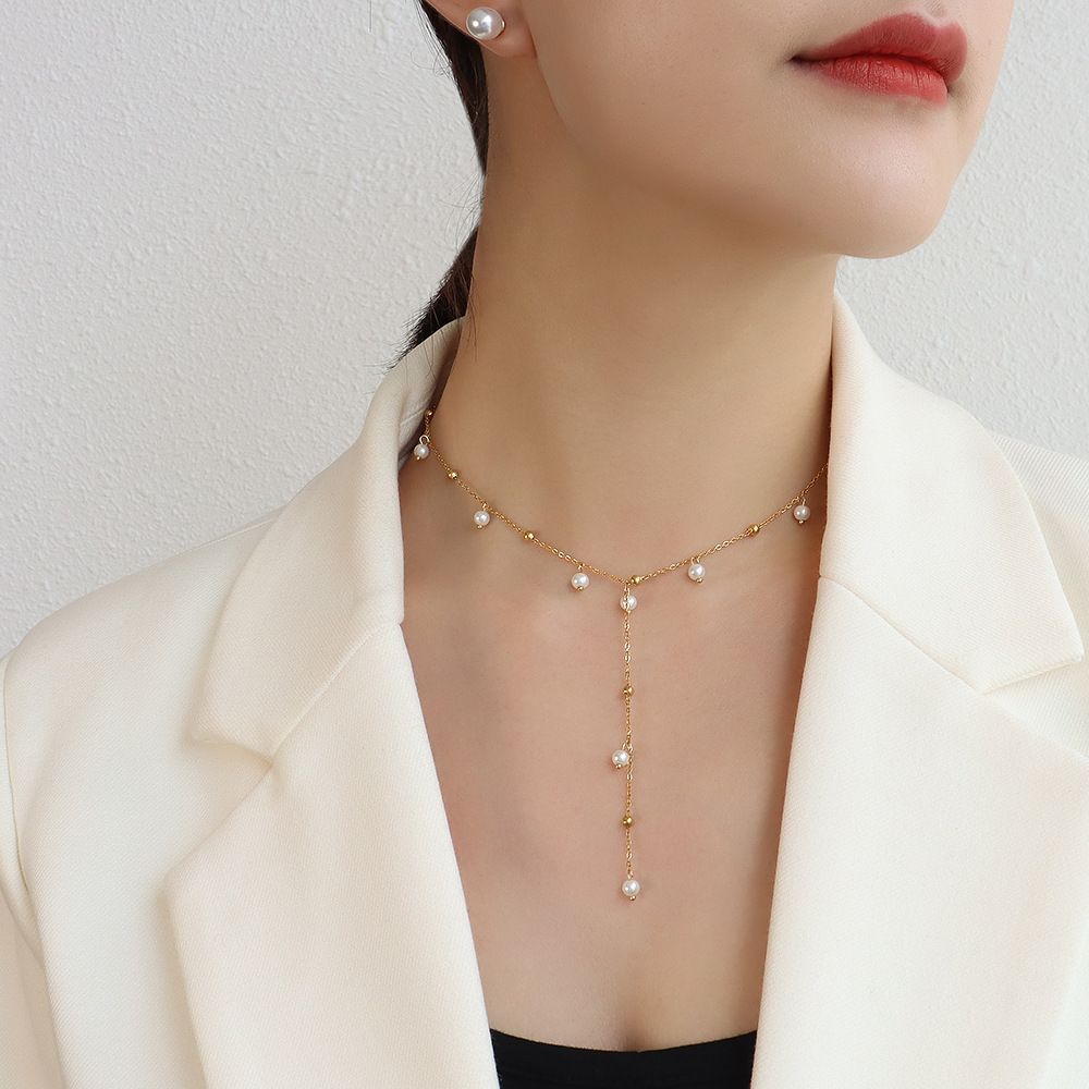 French Style Imitation Baroque Pearl Necklace 18K PVD Gold Plated Y-Shape Pendant Tassel Necklace - Image 4