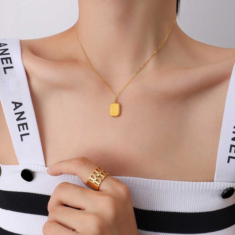 French Choker 3D Square Mini Gold Bar Letter Double Pendant Necklace 18K PVD Gold Plated Choker Necklace for Women - Image 3