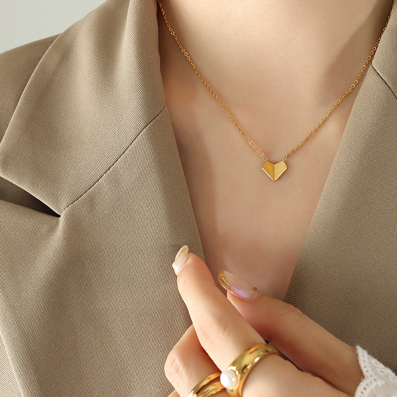 Folded Heart Pendant Necklace Handmade Choker Chain 18K PVD Gold Plated Jewelry for Women - Image 4