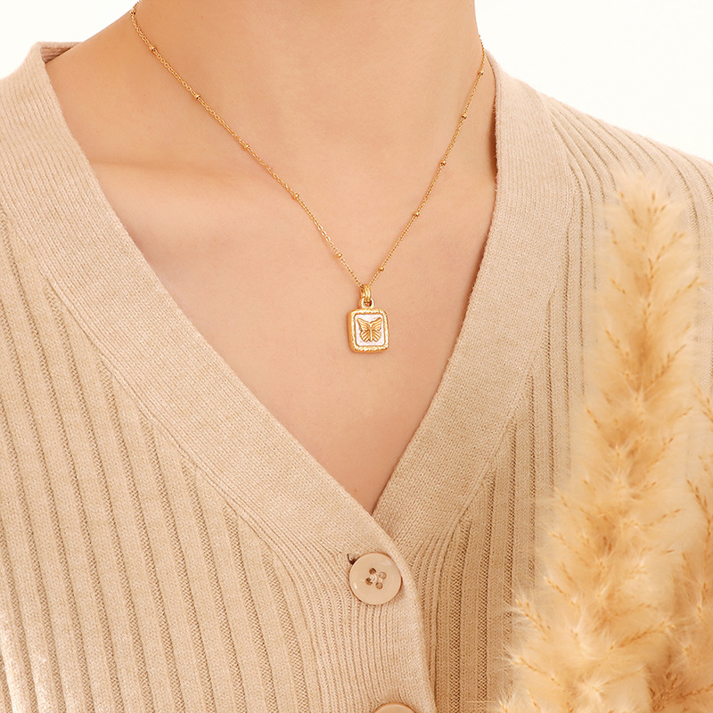 Ins Style Butterfly White Mother-of-Pearl Pendant Necklace 18K PVD Gold Plated Stainless Steel Choker Necklace for Women - Image 5