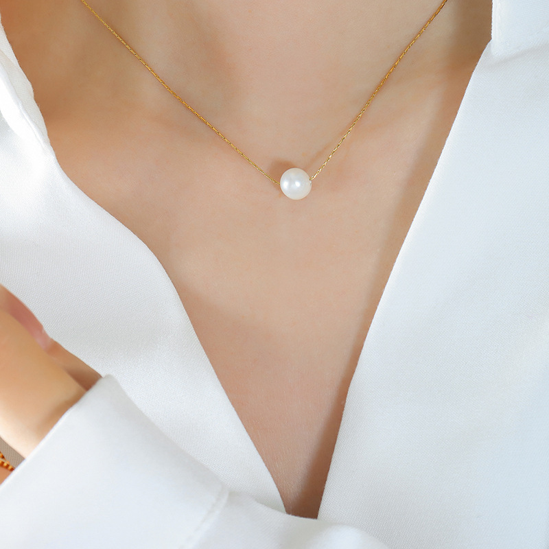 French Minimalist Delicate Necklace Freshwater Pearl Pendant 18K PVD Gold Plated Choker for Women - Image 4
