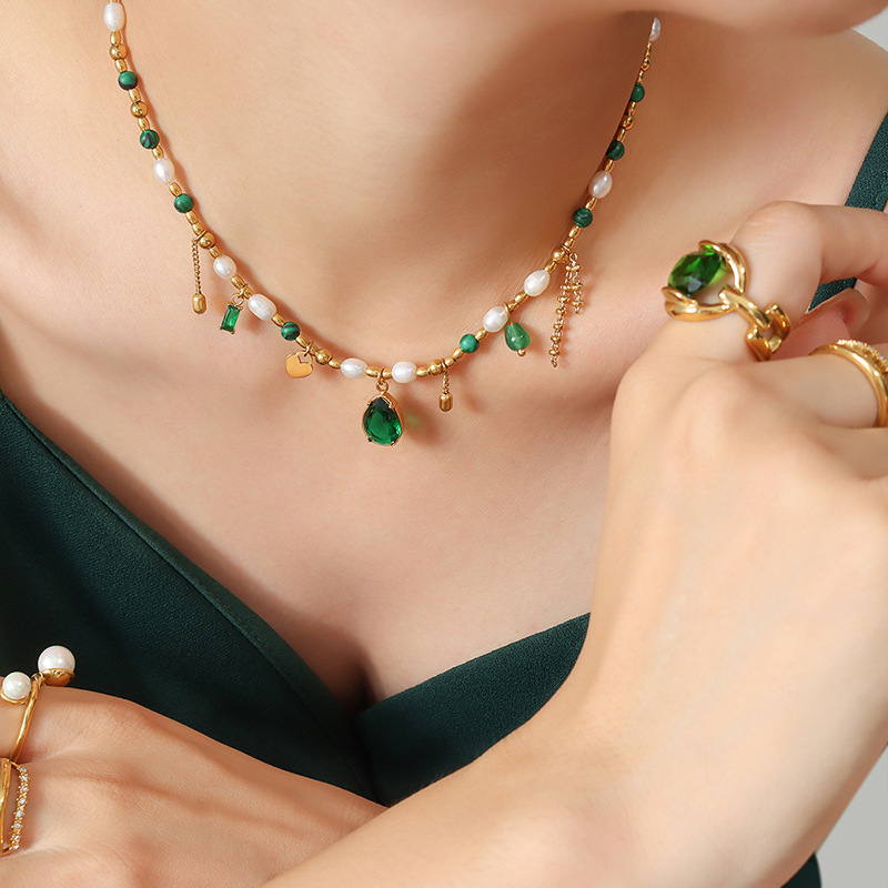 European Court Style Non-Fading Elegant Freshwater Pearl Zircon Turquoise Stone Pendant Necklace 18K PVD Gold Plated Jewelry - Image 5