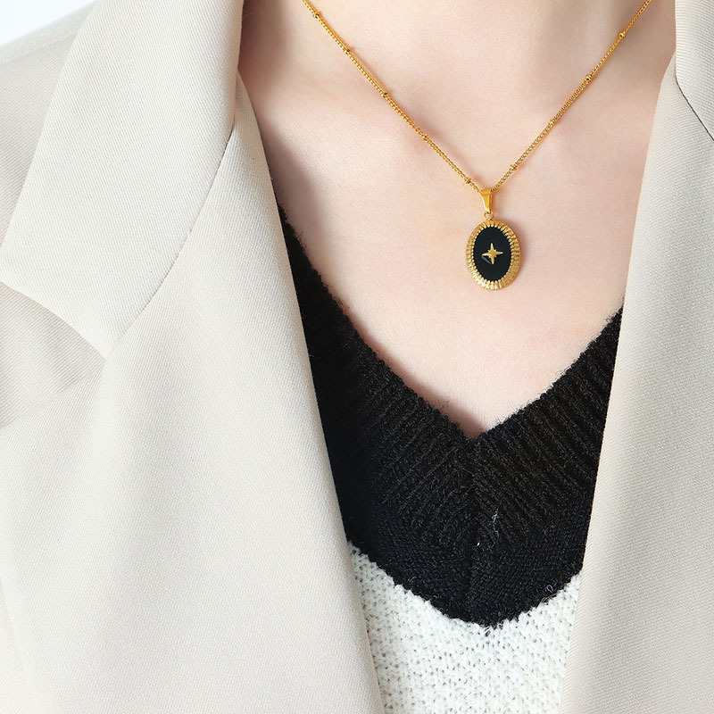 French Vintage Non-Fading Geometric Pendant Necklace 18K PVD Gold Plated Titanium Steel Radiant Star Oval Pendant Jewelry - Image 4