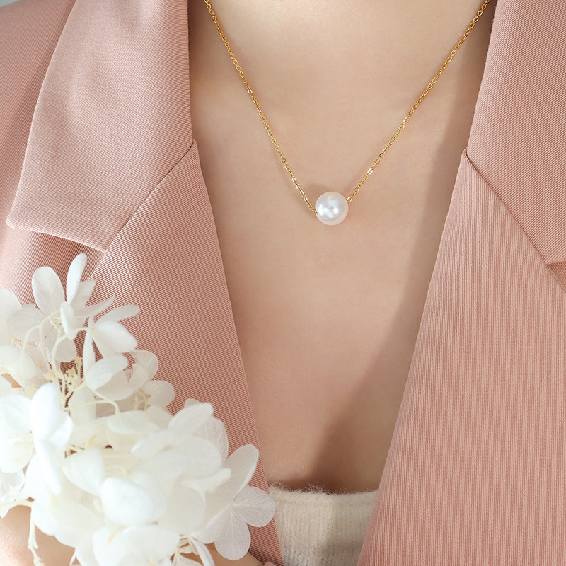 Titanium Steel Gold Plated Choker Necklace Imitation Pearl Pendant Non-Fading 18K PVD Gold Plated Jewelry Wholesale - Image 4