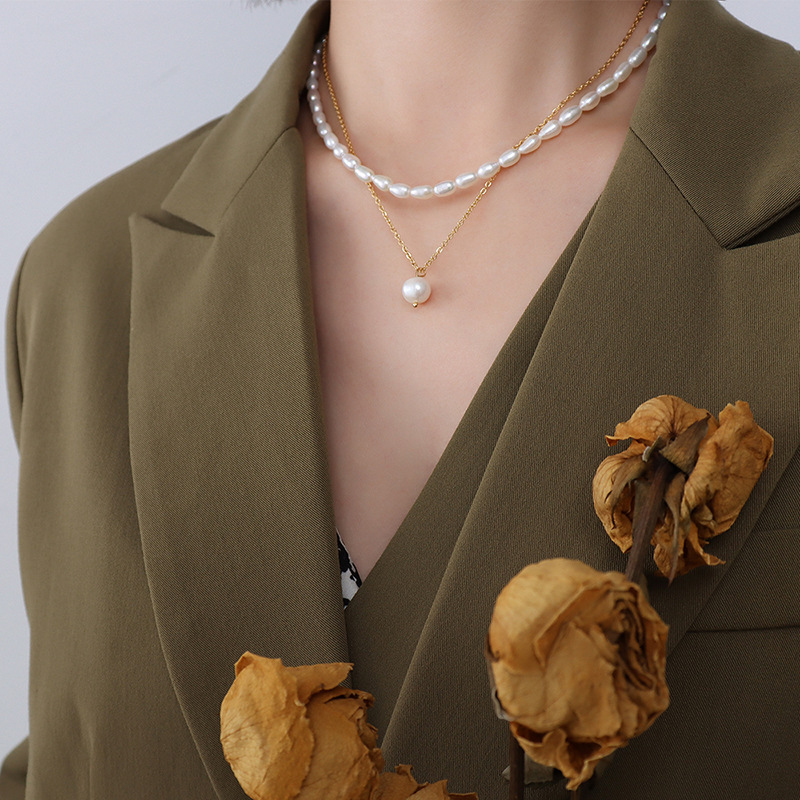 French Ins Style Freshwater Pearl Natural Growth Layered Necklace Hot Sale Titanium Steel Choker Jewelry - Image 5