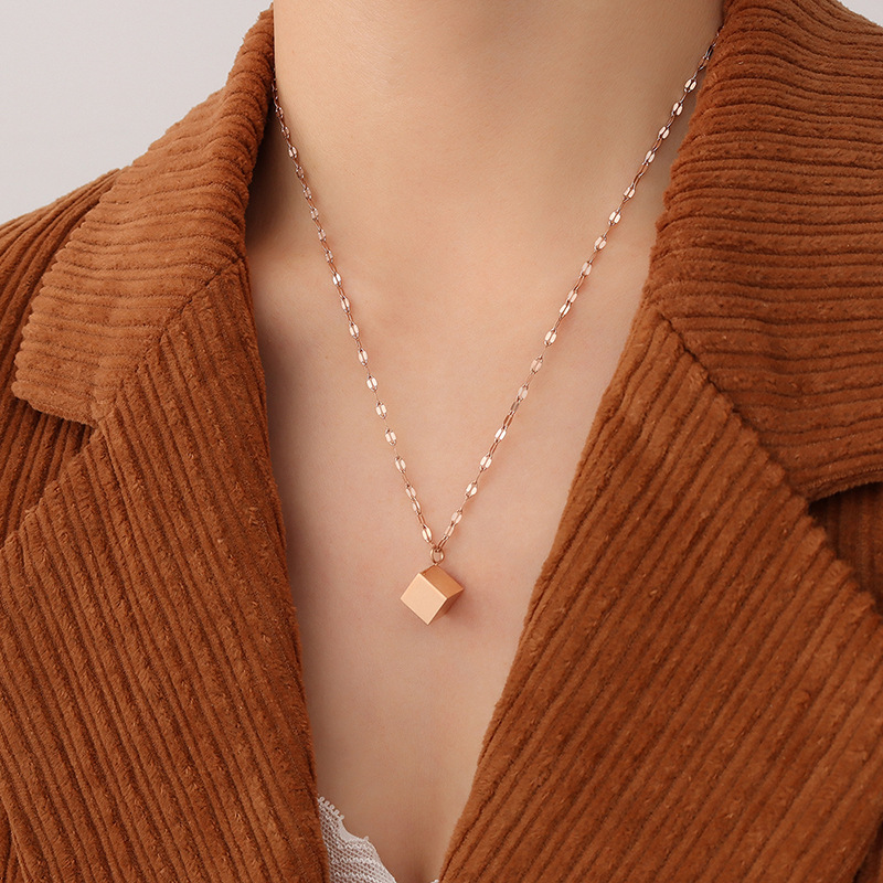 European Ins Style Retro 3D Square Pendant Necklace Titanium Steel 18K PVD Gold Plated Fashion Jewelry - Image 4