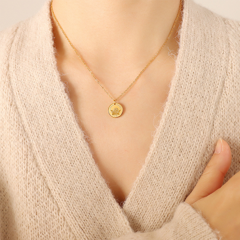 European Style Stainless Steel Angel Round Pendant Necklace Titanium Steel 18K PVD Gold Plated Geometric Choker Jewelry - Image 3