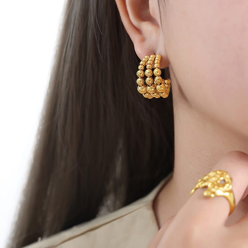 European C-shaped half-round triple-layer steel bead earrings titanium steel 18k PVD gold plated niche earrings - Image 5