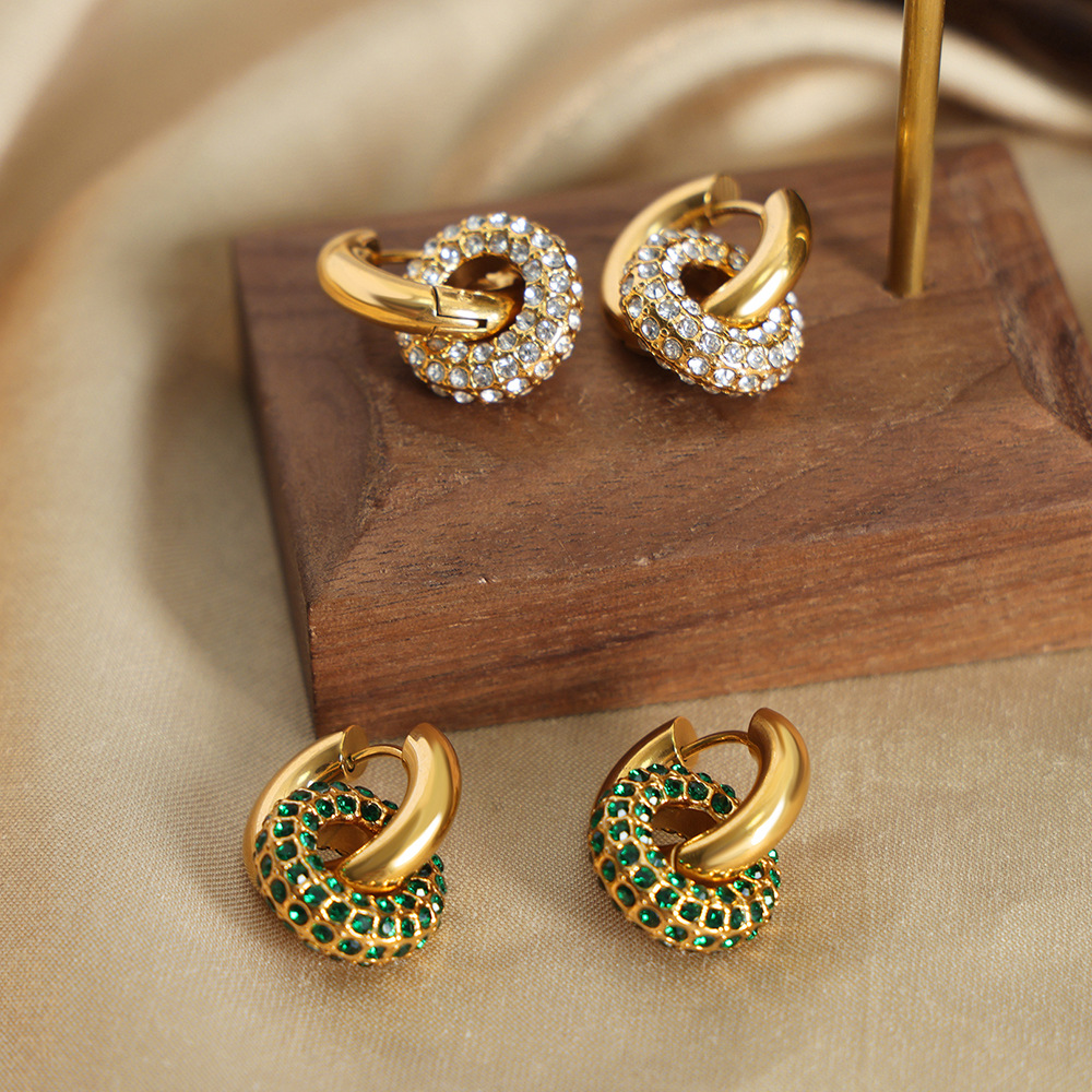 European luxurious zircon round earrings titanium steel 18k PVD gold plated lightweight vintage jewelry for women - Image 4