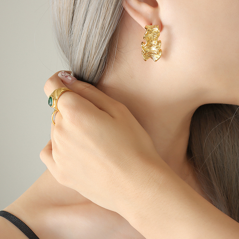 European ins-style new geometric pleated texture earrings niche design titanium steel 18k PVD gold plated ear buckles - Image 4