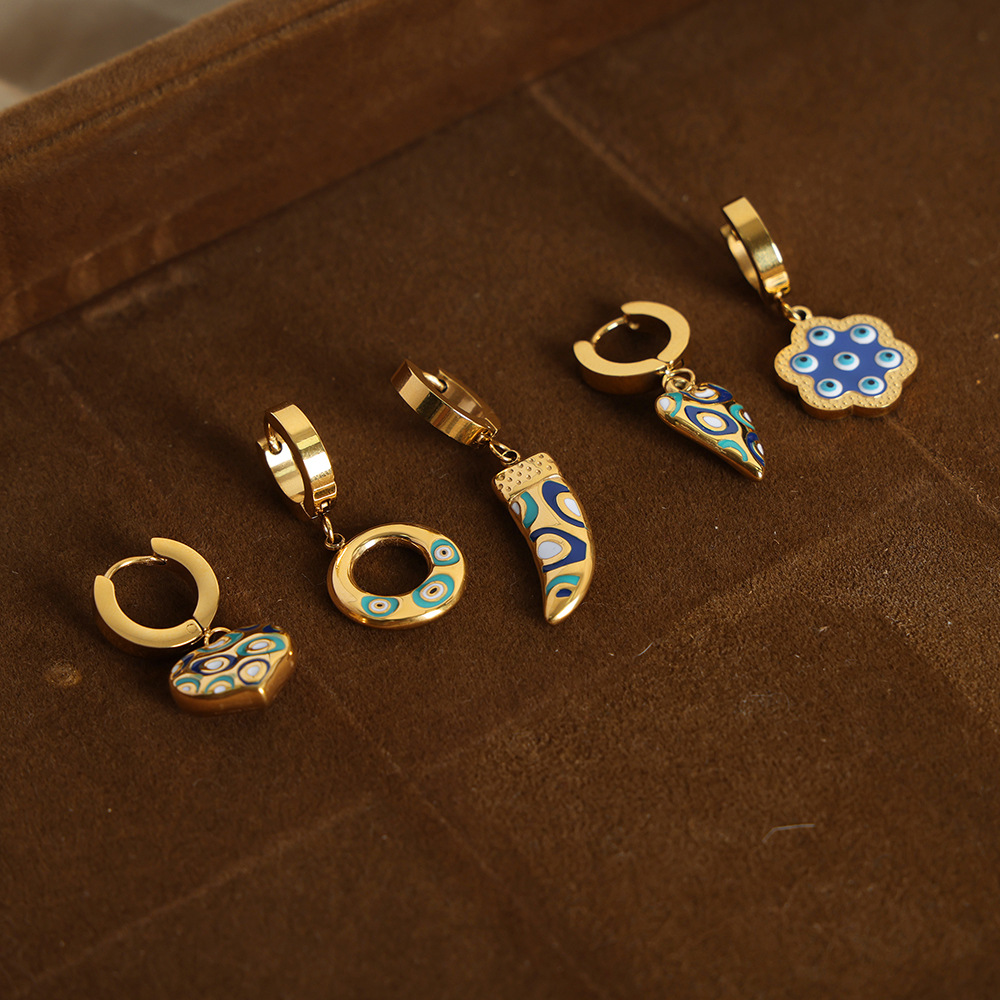 European cross-border new vintage ethnic titanium steel 18k PVD gold plated creative geometric enamel earrings - Image 4