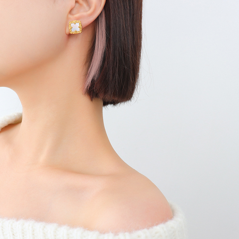 European vintage square white shell stud earrings lightweight niche titanium steel 18k PVD gold plated earrings - Image 4
