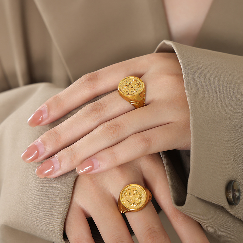 INS Cool Minimalist Geometric Relief Texture Titanium Steel Gold Plated Ring - Image 4
