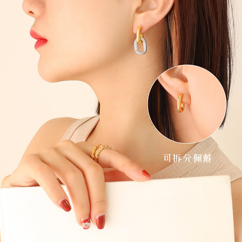 European INS Style Textured Handmade Oval Hoop Earrings 18K Gold PVD Plated Stainless Steel - Image 4