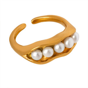 Elegant INS Style Bean Pod Inlaid Imitation Pearl Ring Titanium Steel 18K Gold Plated Jewelry for Women