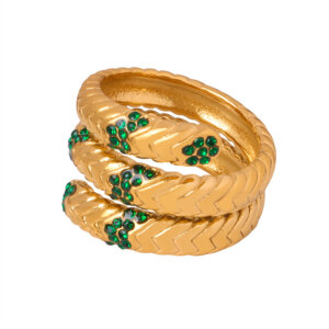 European American Fashion Retro Titanium Steel Gold Plated Multi-Color CZ Multi-Layer Textured Open Ring for Women