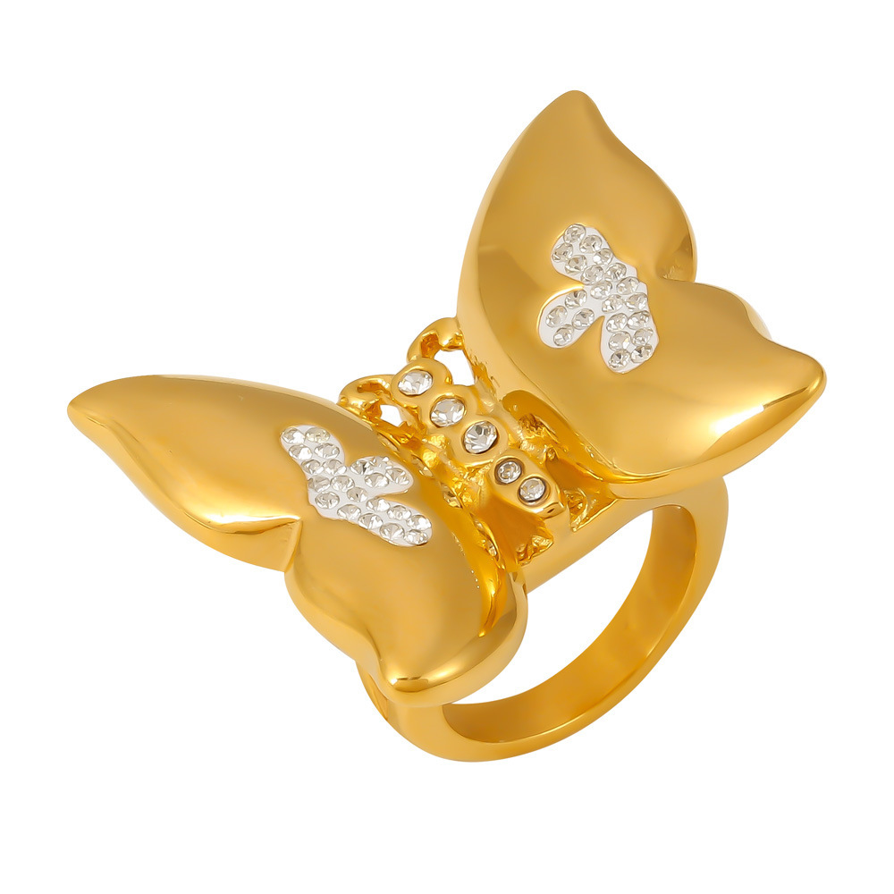 European Rhinestone Butterfly Flower Ring Stylish Stainless Steel Hot Selling Jewelry Color Retention Ring Wholesale